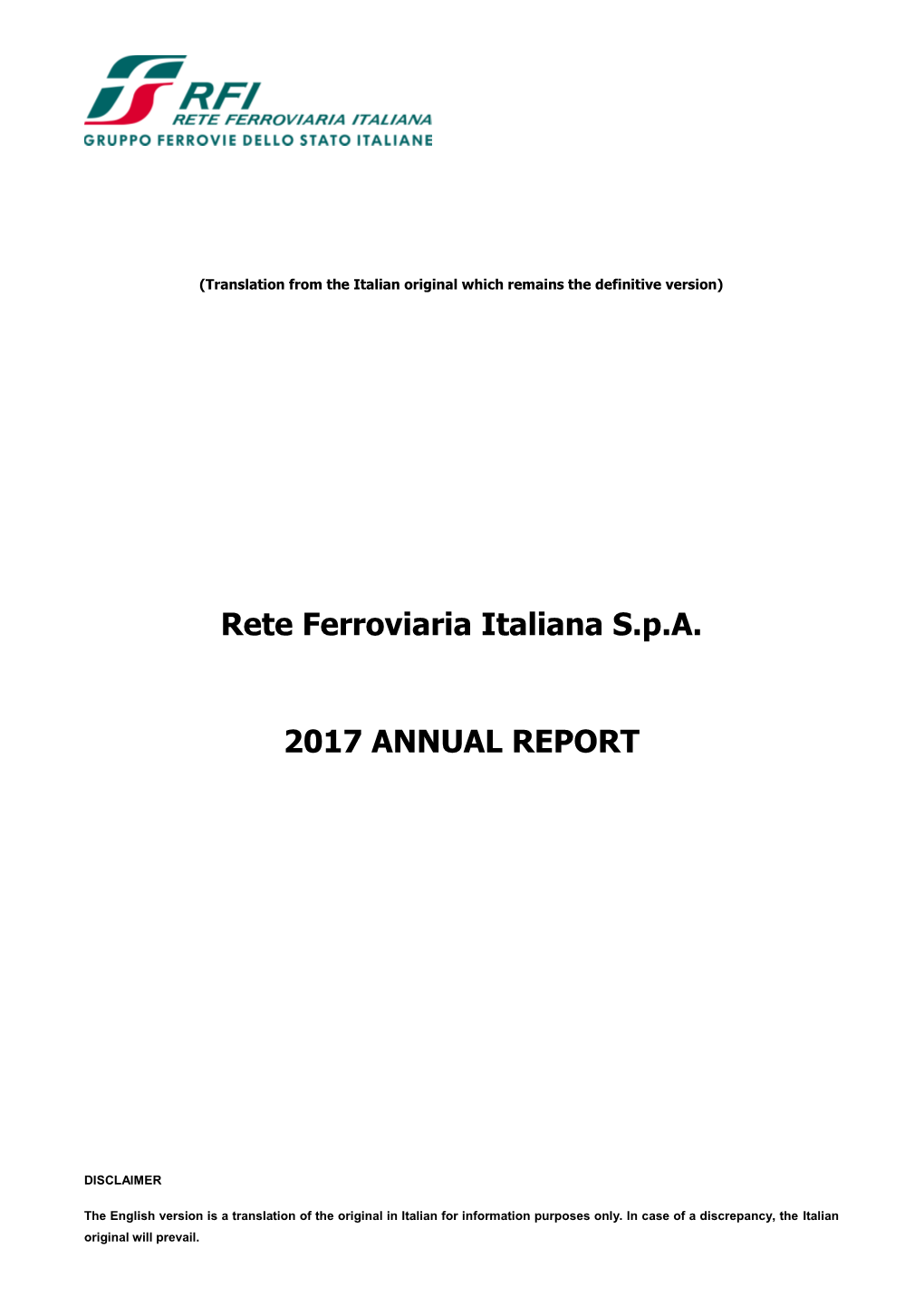 Rete Ferroviaria Italiana S.P.A. 2017 ANNUAL REPORT