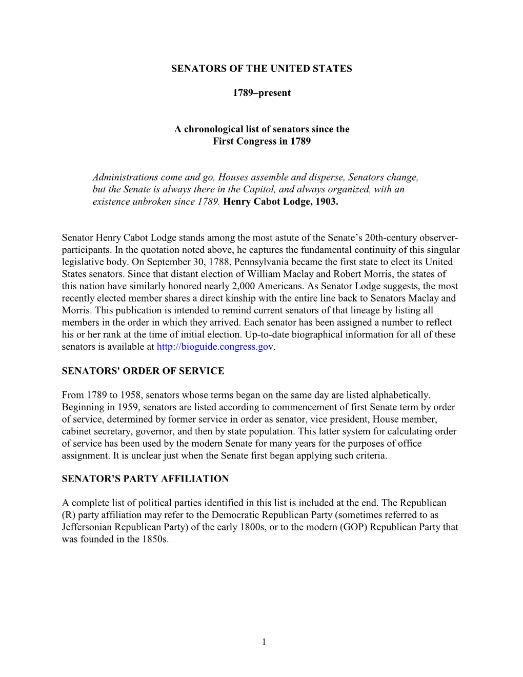 SENATORS of the UNITED STATES 1789–Present