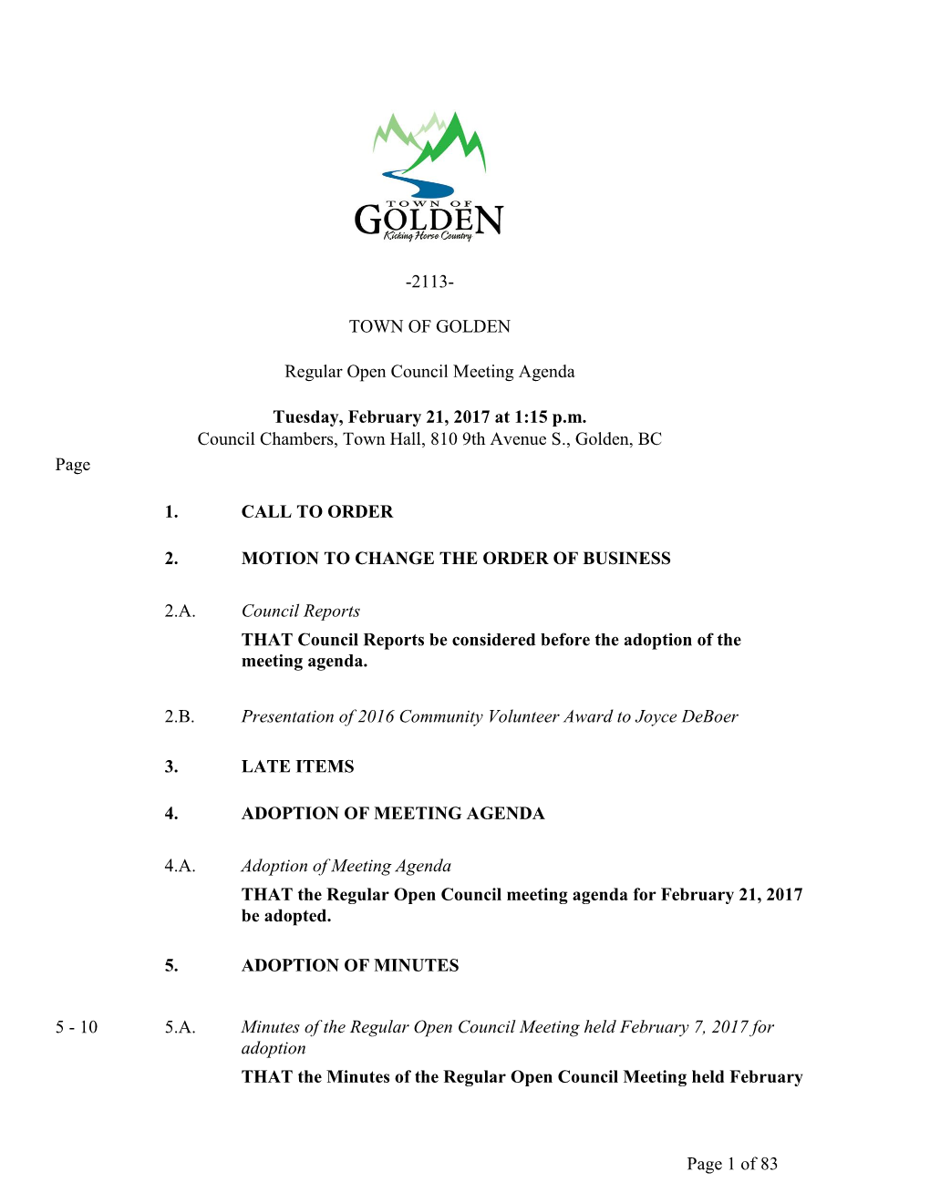 Regular Open Council Meeting Agenda