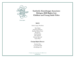 Sanford J. Greenburger Associates Bologna 2020 Rights List Children and Young Adult Titles