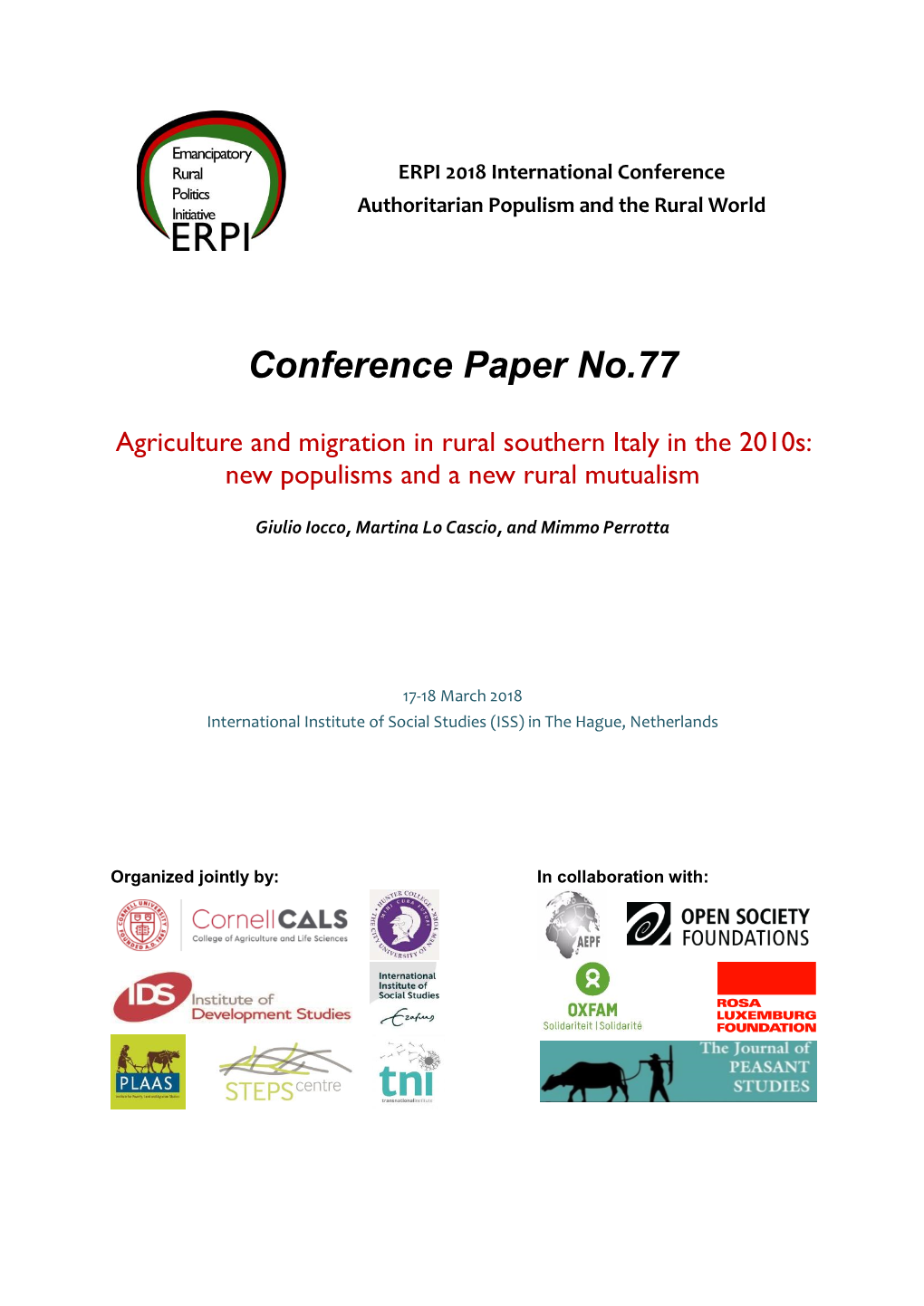 Agriculture and Migration in Rural Southern Italy in the 2010S: New Populisms and a New Rural Mutualism