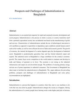 Prospects and Challenges of Industrialization in Bangladesh