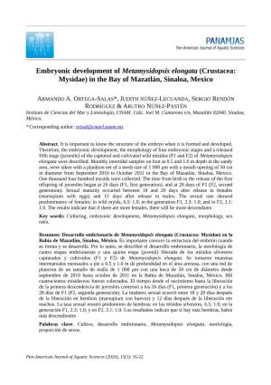 Embryonic Development of Metamysidopsis Elongata (Crustacea: Mysidae) in the Bay of Mazatlán, Sinaloa, Mexico