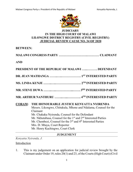 (Civil Registry) Judicial Review Cause No. 34 of 2020 Between