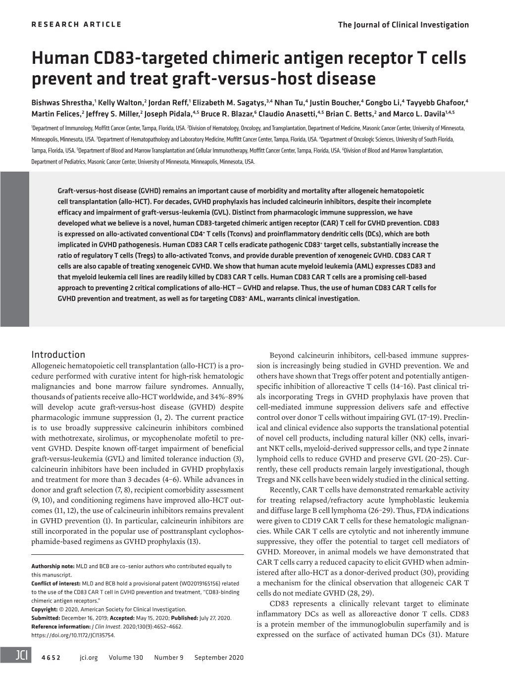 Human CD83-Targeted Chimeric Antigen Receptor T Cells Prevent and Treat Graft-Versus-Host Disease