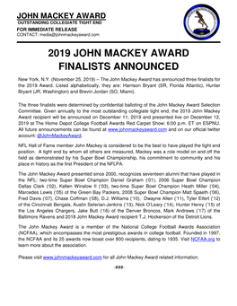 2019 John Mackey Award Finalists Announced