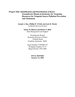 Identification and Prioritization of Karst Groundwater Basins in Kentucky for Targeting Resources for Nonpoint Source Pollution Prevention and Abatement