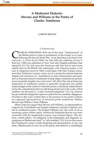 A Modernist Dialectic: Stevens and Williams in the Poetry of Charles Tomlinson