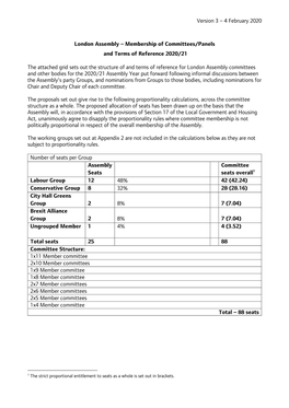 4 February 2020 London Assembly – Membership of Committees/Panels and Terms of Reference 2020/21 the Attached Gr