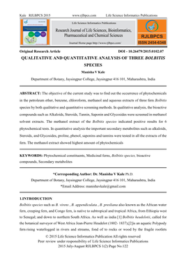 QUALITATIVE and QUANTITATIVE ANALYSIS of THREE BOLBITIS SPECIES Manisha V Kale Department of Botany, Jaysingpur College, Jaysingpur 416 101, Maharashtra, India