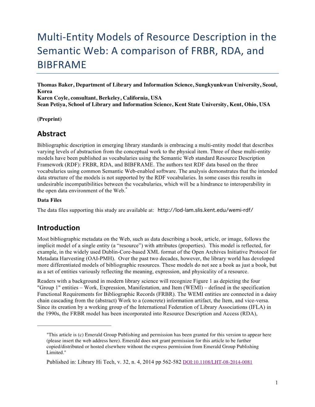 Multi-‐Entity Models of Resource Description in the Semantic