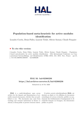 Population-Based Meta-Heuristic for Active Modules Identification Leandro Corrêa, Denis Pallez, Laurent Tichit, Olivier Soriani, Claude Pasquier