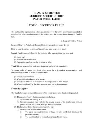 Specific Tort Paper Code: L-4006 Topic : Deceit Or Fraud