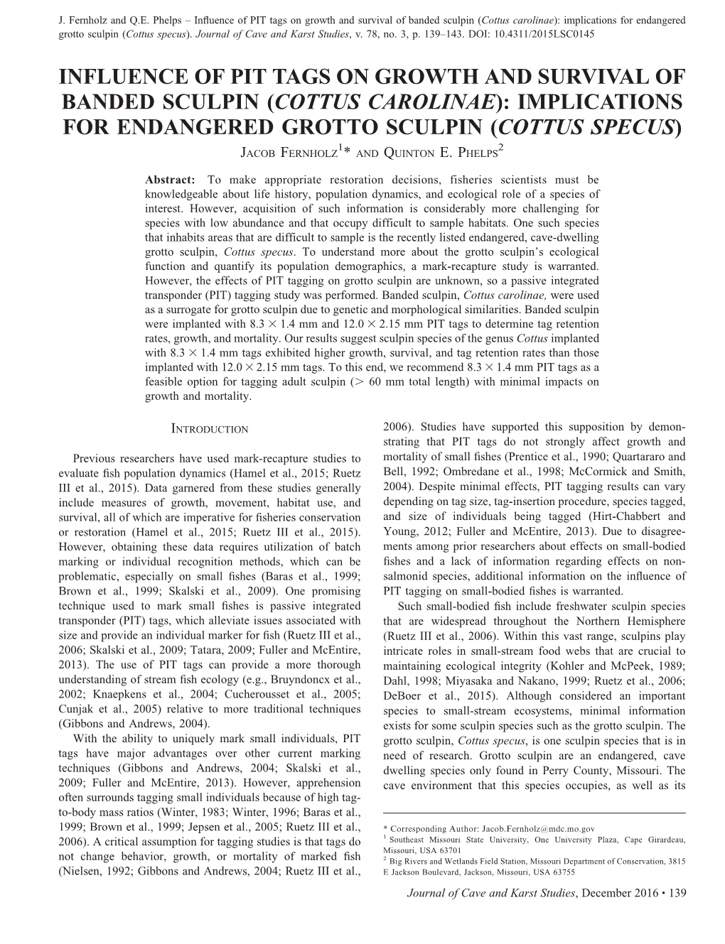 Cottus Carolinae): Implications for Endangered Grotto Sculpin (Cottus Specus