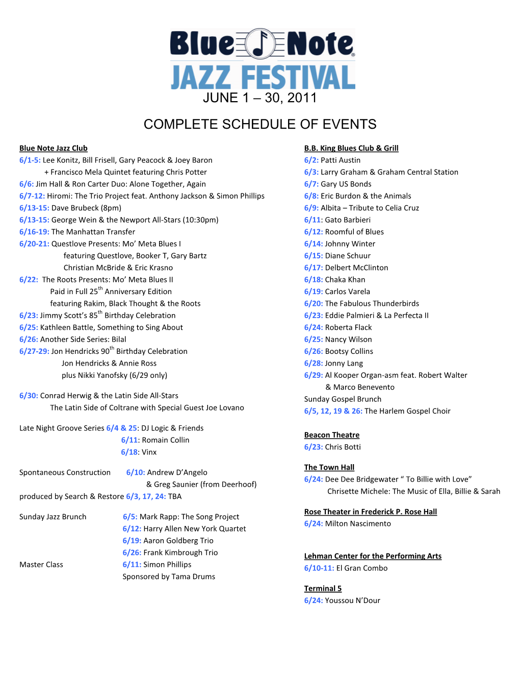 30, 2011 Complete Schedule of Events