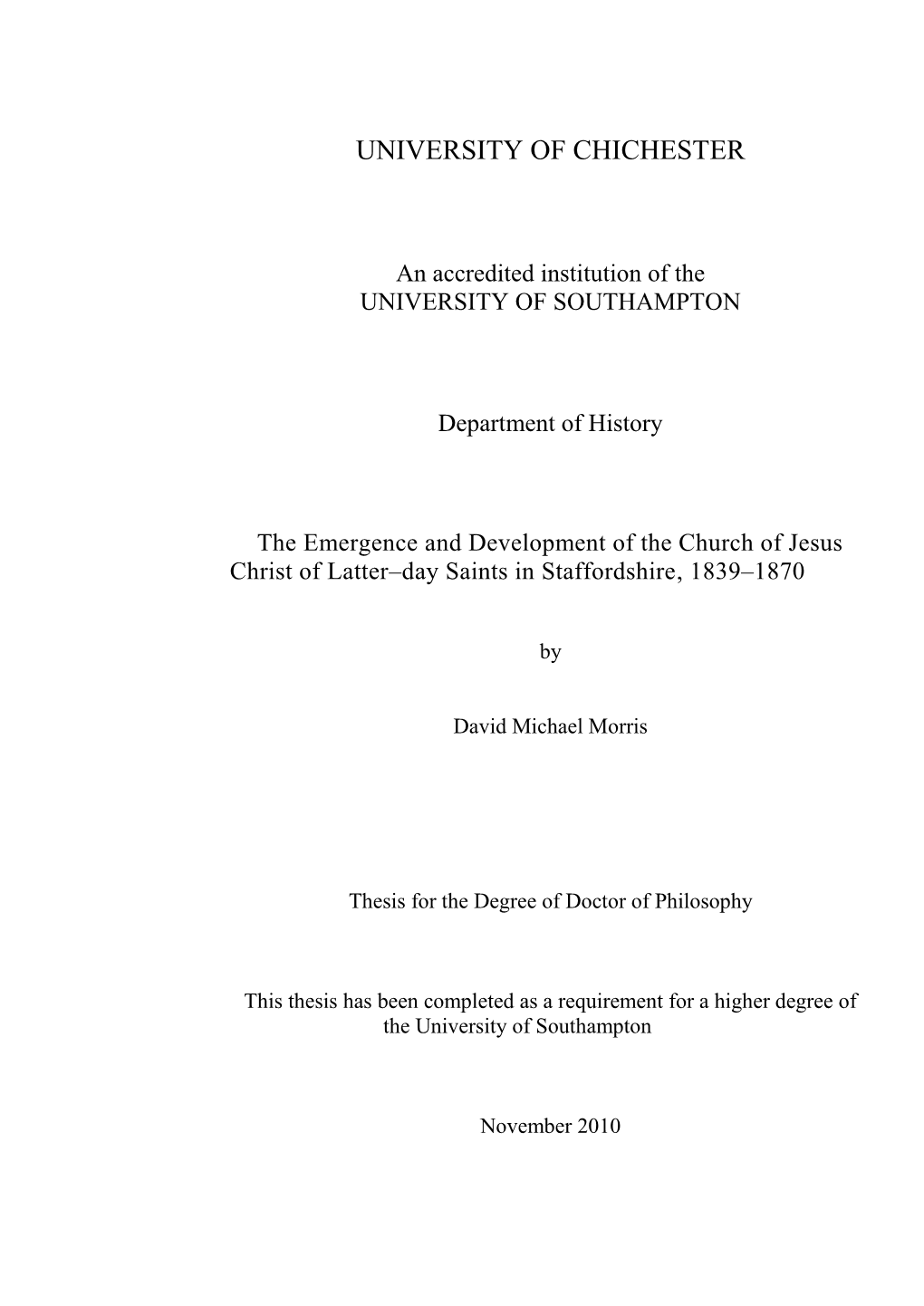 The Emergence and Development of the Church of Jesus Christ of Latter–Day Saints in Staffordshire, 1839–1870