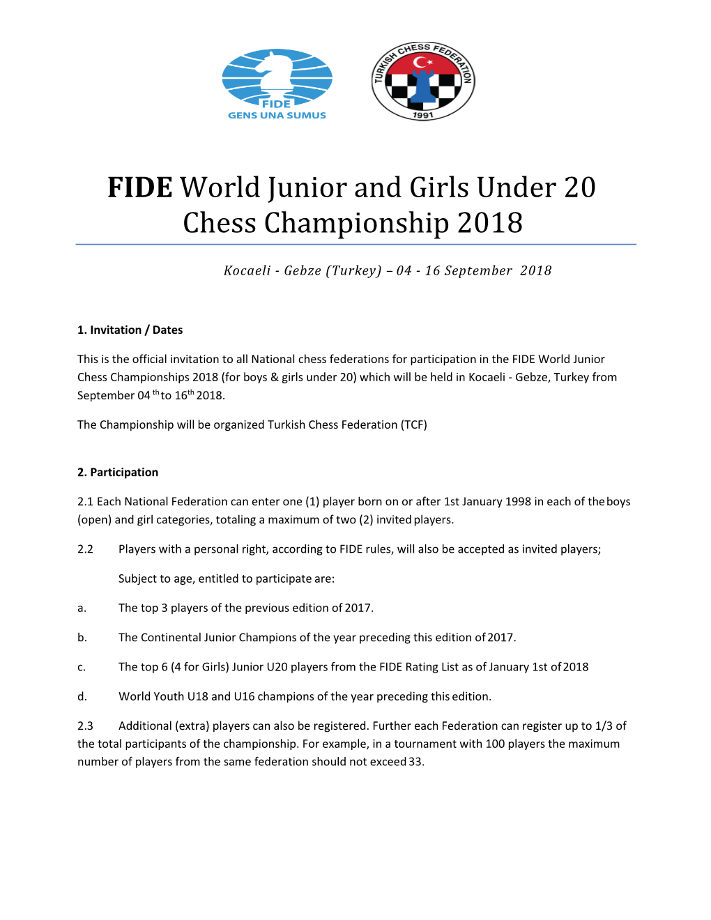 FIDE World Junior and Girls Under 20 Chess Championship 2018