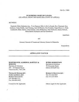 File No. 33880 (ON APPEAL from the MANITOBA COURT of APPEAL) BETWEEN: Manitoba Metis Federation Inc., Yvon Dumont, Billy Jo De L
