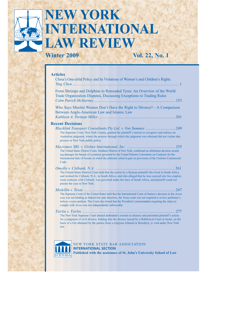 NEW YORK INTERNATIONAL LAW REVIEW Winter 2009 Vol