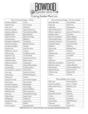 Cutting Garden Plant List Perennial Flowers/Foliage – Full Sun Perennial Flowers/Foliage – Part Sun to Shade