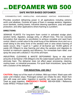 Mec Defoamer Wb 500 Safe Water Based Defoamer