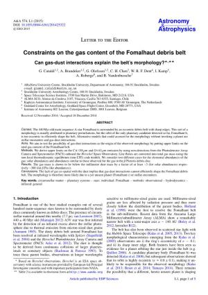 Constraints on the Gas Content of the Fomalhaut Debris Belt Can Gas-Dust Interactions Explain the Belt’S Morphology??,??