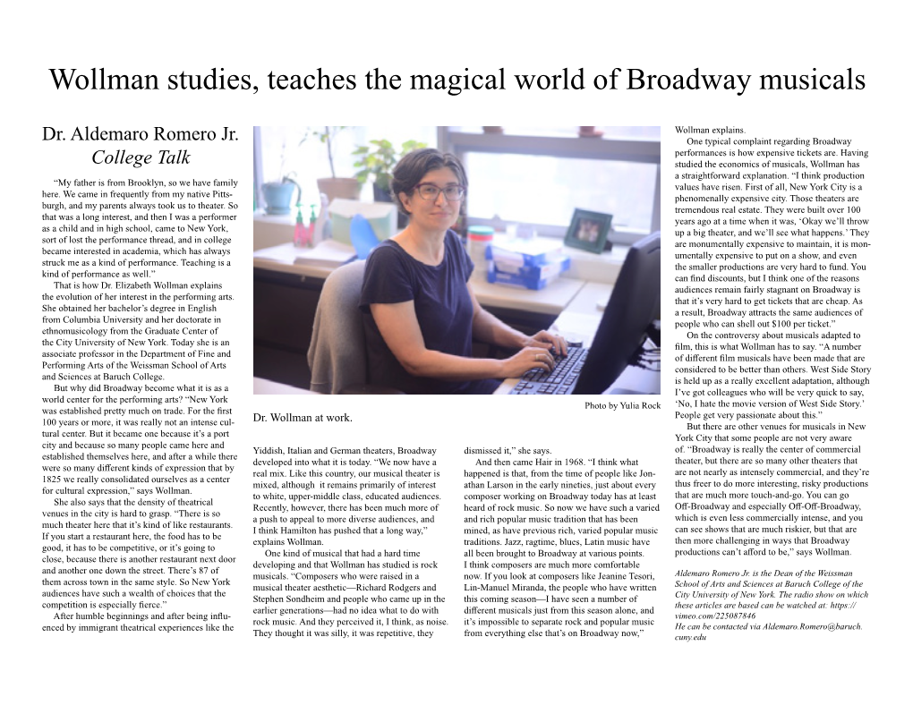 Wollman Studies, Teaches the Magical World of Broadway Musicals