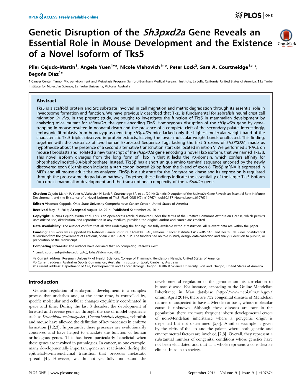 Genetic Disruption of the Sh3pxd2a Gene Reveals an Essential Role in Mouse Development and the Existence of a Novel Isoform of Tks5