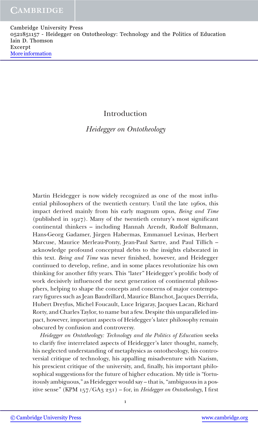 Introduction Heidegger on Ontotheology