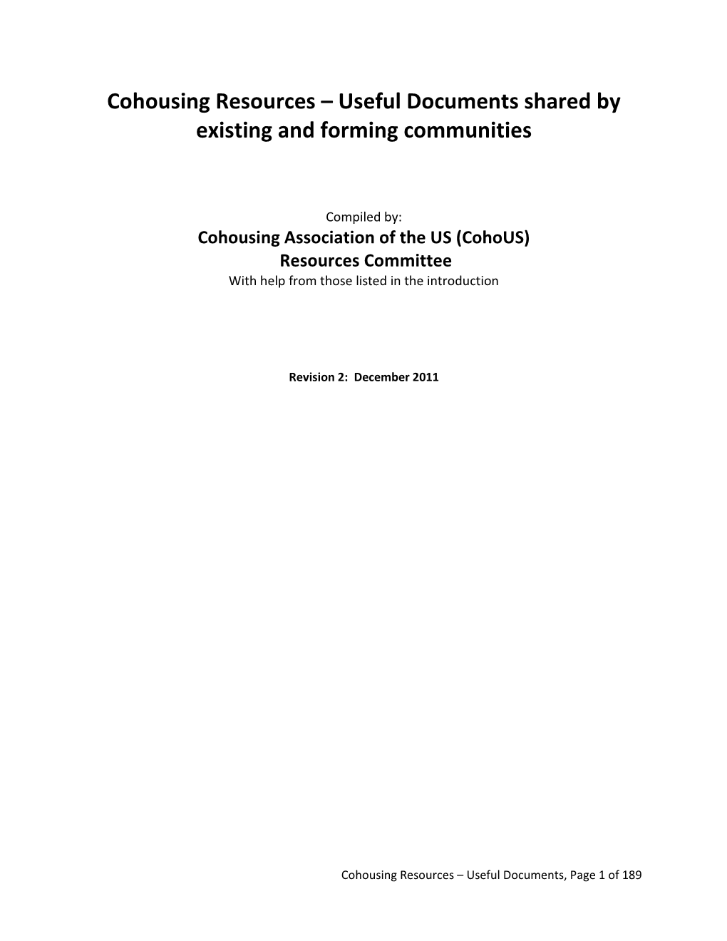 Cohousing Resources – Useful Documents Shared by Existing and Forming Communities