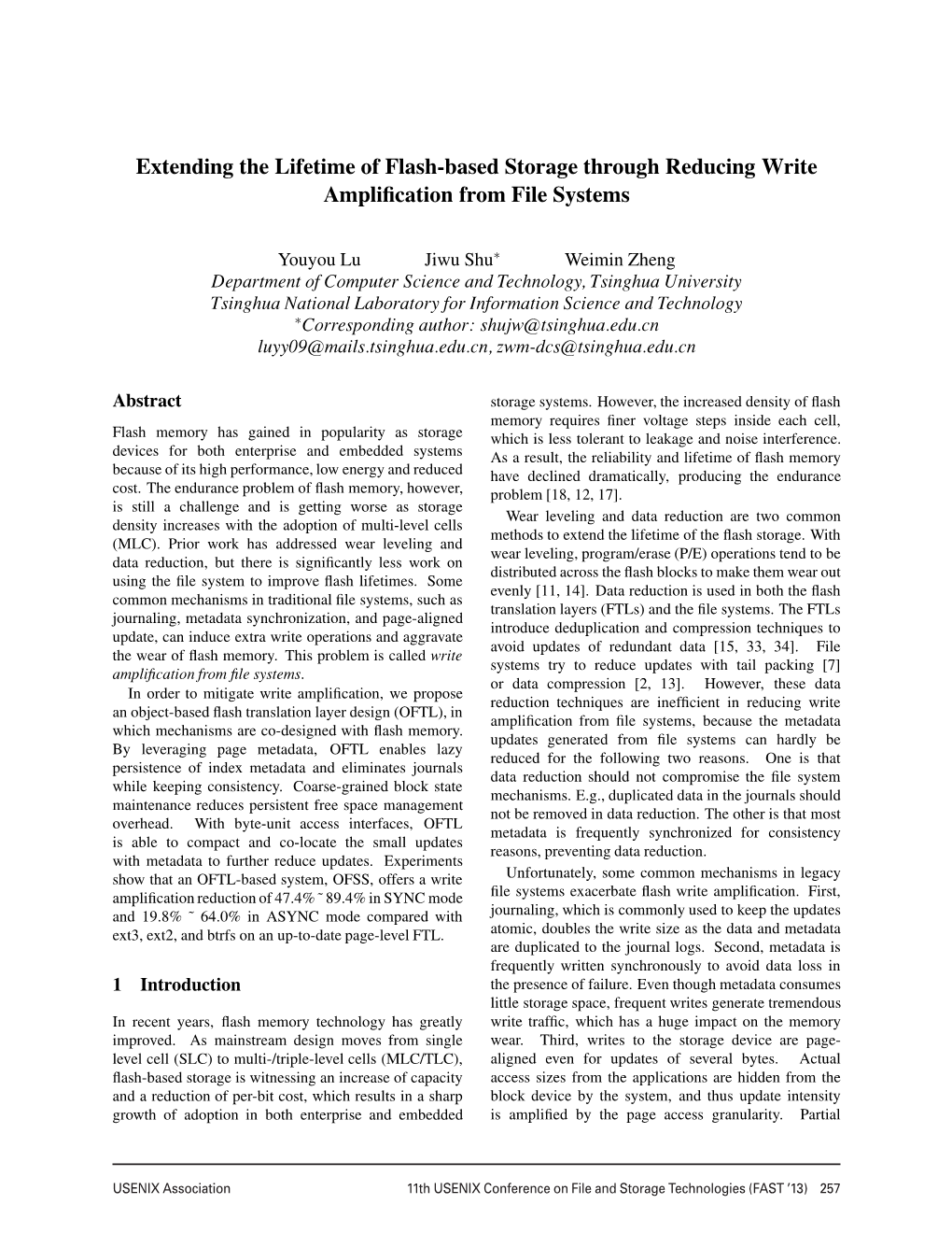 Extending the Lifetime of Flash-Based Storage Through Reducing Write Ampliﬁcation from File Systems