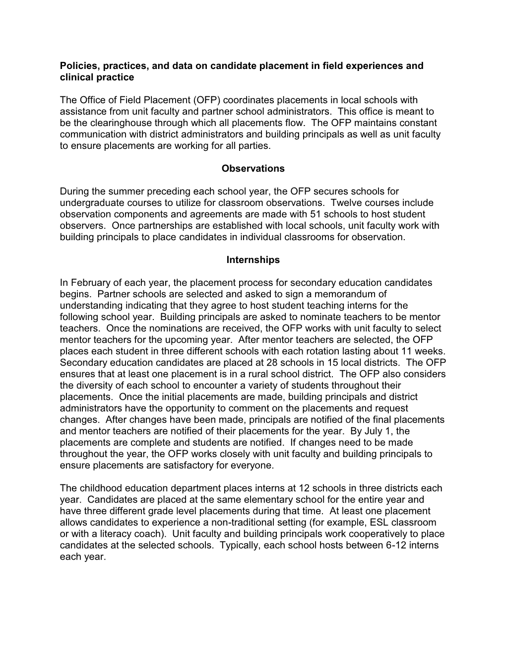 Policies, Practices, and Data on Candidate Placement in Field Experiences and Clinical Practice