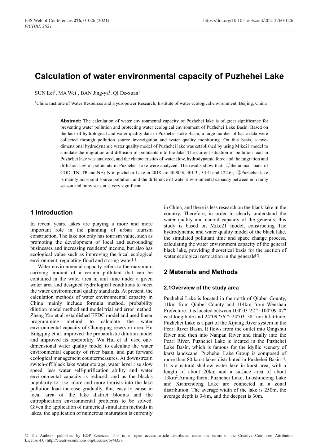 Calculation of Water Environmental Capacity of Puzhehei Lake