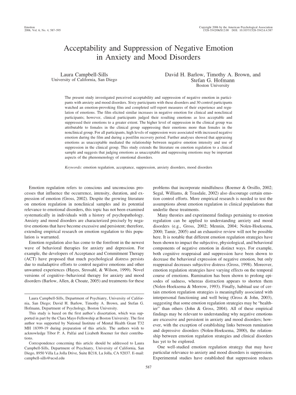 Acceptability and Suppression of Negative Emotion in Anxiety and Mood Disorders