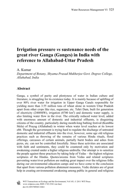 Ganges) in India with Reference to Allahabad-Uttar Pradesh