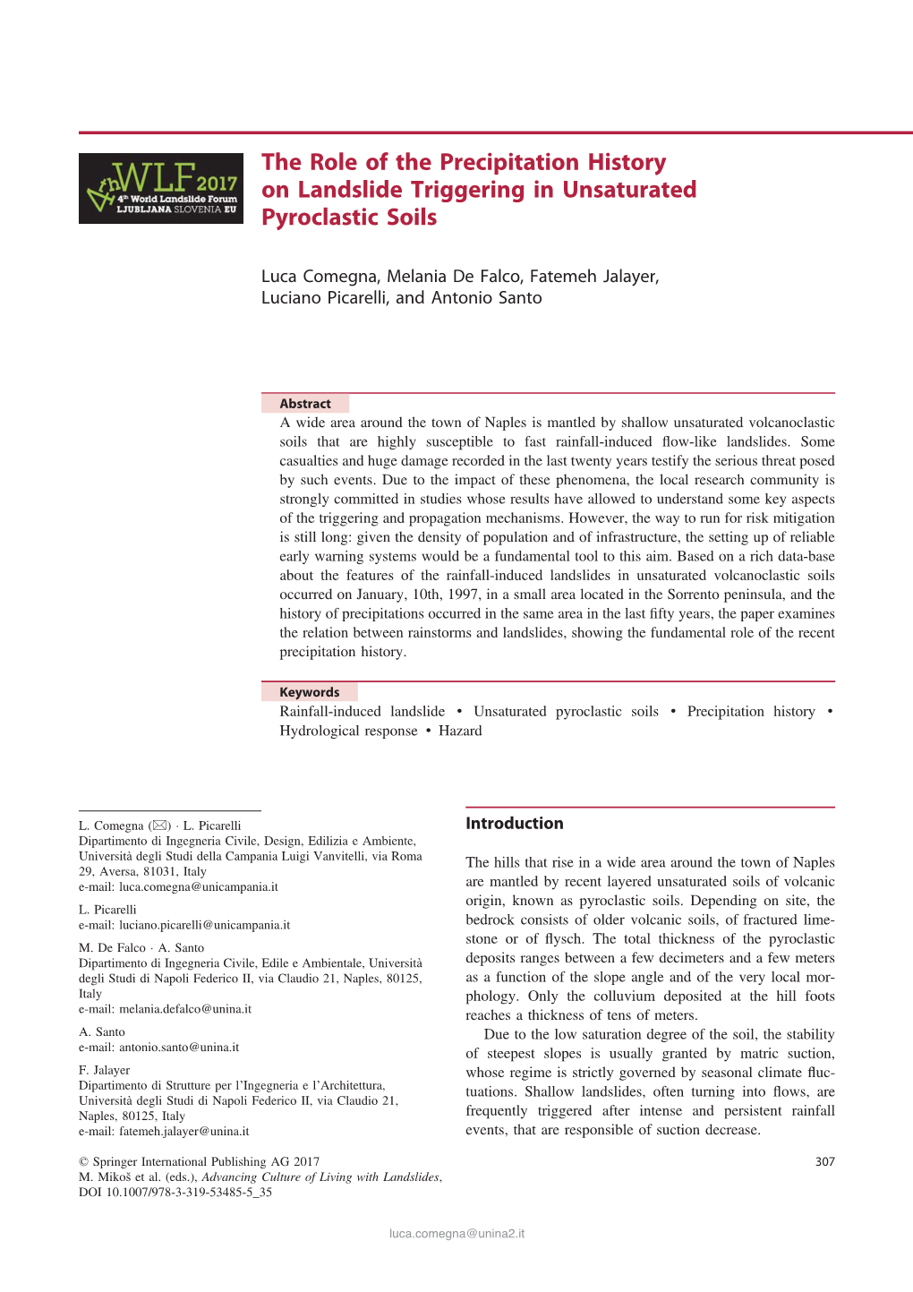 The Role of the Precipitation History on Landslide Triggering in Unsaturated Pyroclastic Soils