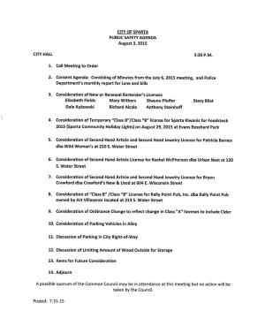August 3, 2015 Call Meeting to Order Consent Agenda: Consisting of Minutes from the July 6, 2015 Meeting, and Police Department