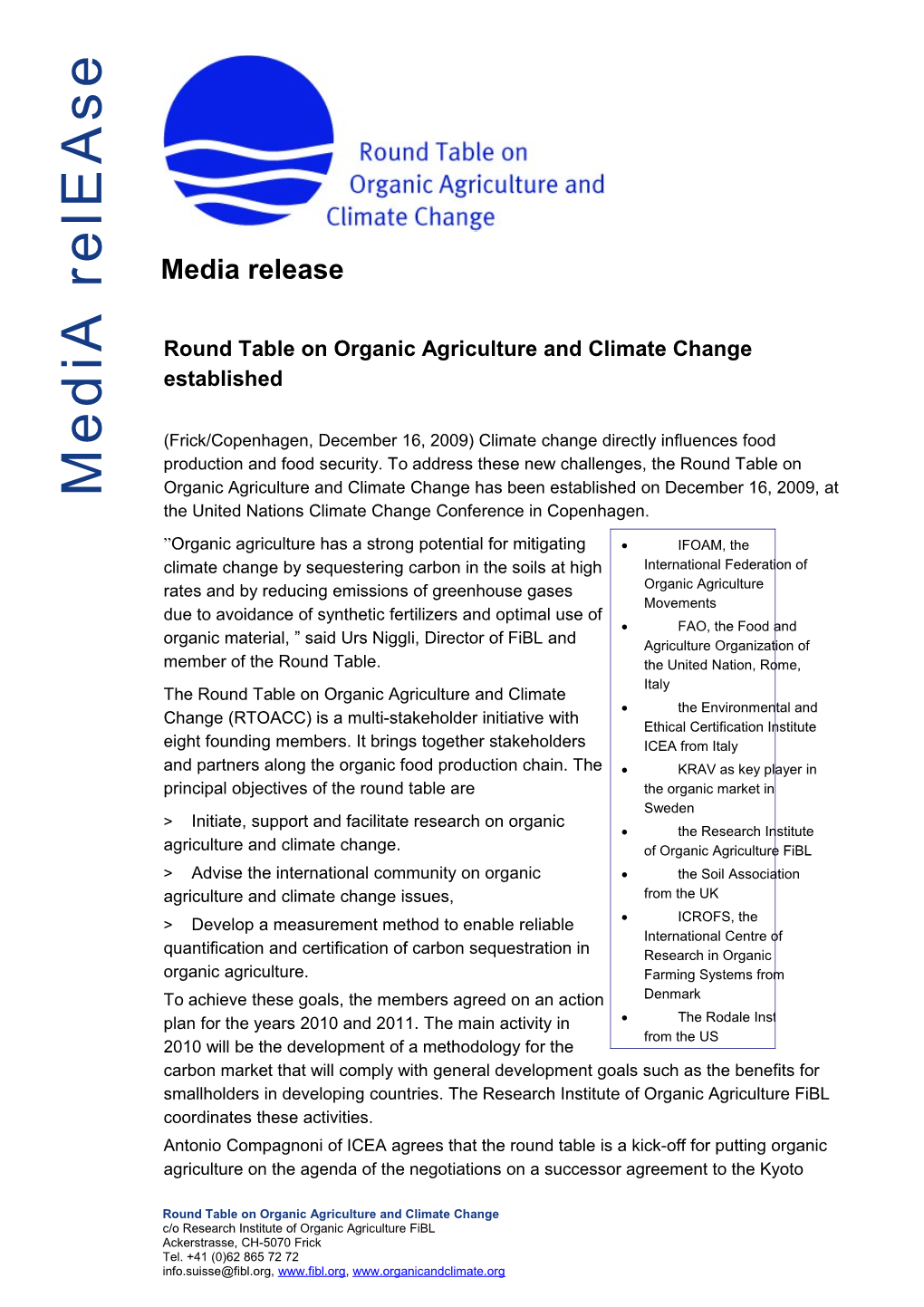 Round Table on Organic Agriculture and Climate Change Established