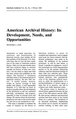 American Archival History: Its Development, Needs, and Opportunities