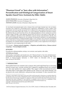 Personification and Ontological Categorization of Smart Speaker-Based Voice Assistants by Older Adults