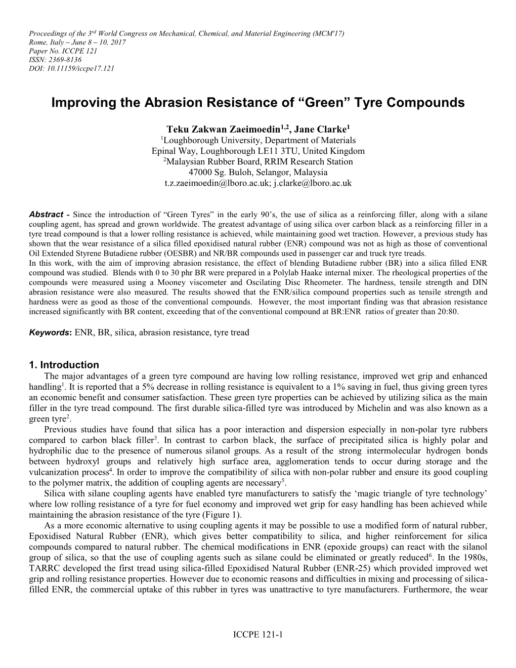 Improving the Abrasion Resistance of “Green” Tyre Compounds