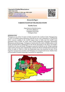 Research Paper VARIOUS FACETS of TELANGANA STATE Journal Of