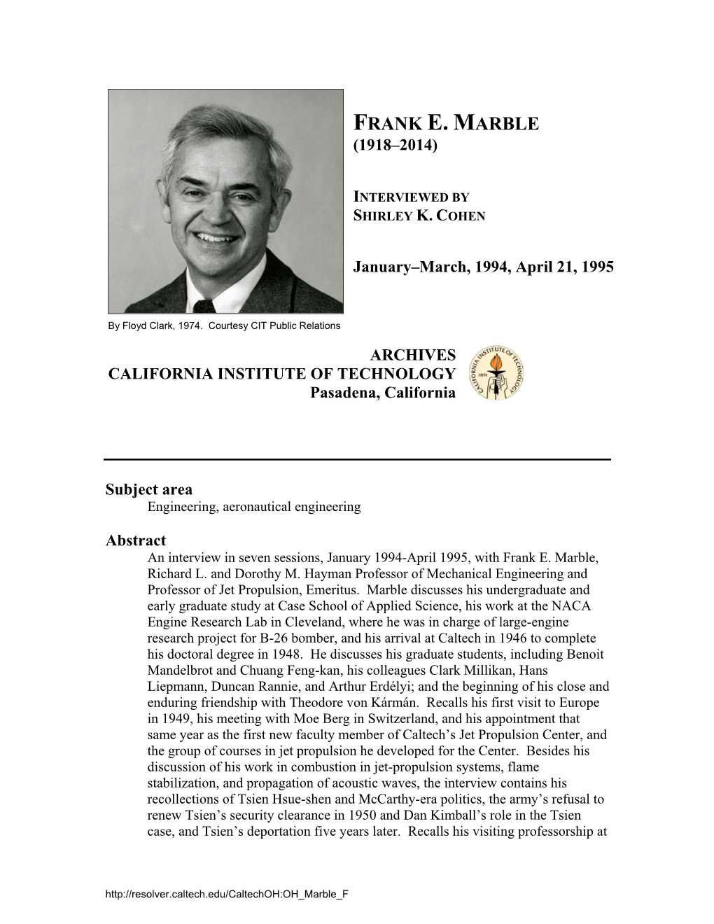 Interview with Frank E. Marble