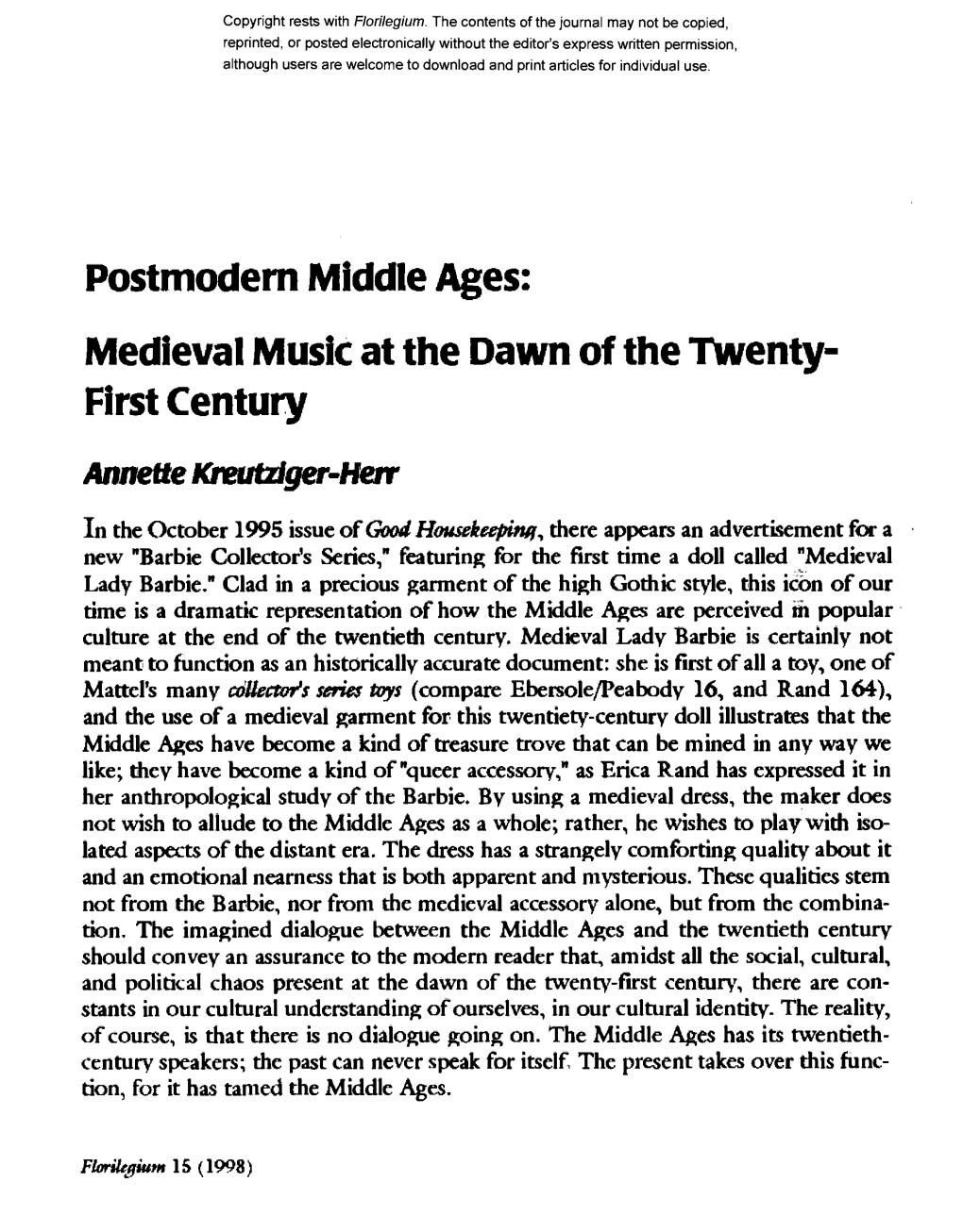 Postmodern Middle Ages: Medieval Music at the Dawn of the Twenty- First Century