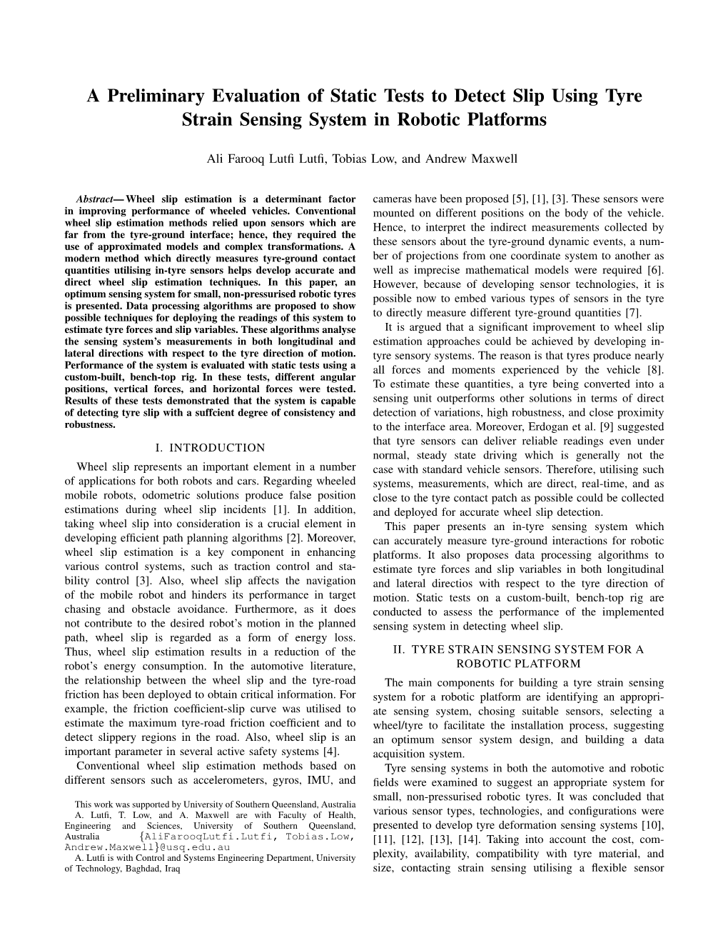 A Preliminary Evaluation of Static Tests to Detect Slip Using Tyre Strain Sensing System in Robotic Platforms