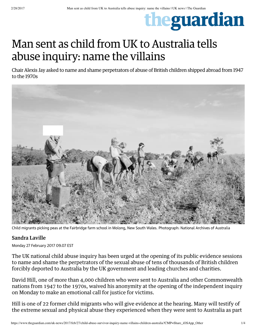 Man Sent As Child from UK to Australia Tells Abuse Inquiry: Name the Villains | UK News | the Guardian