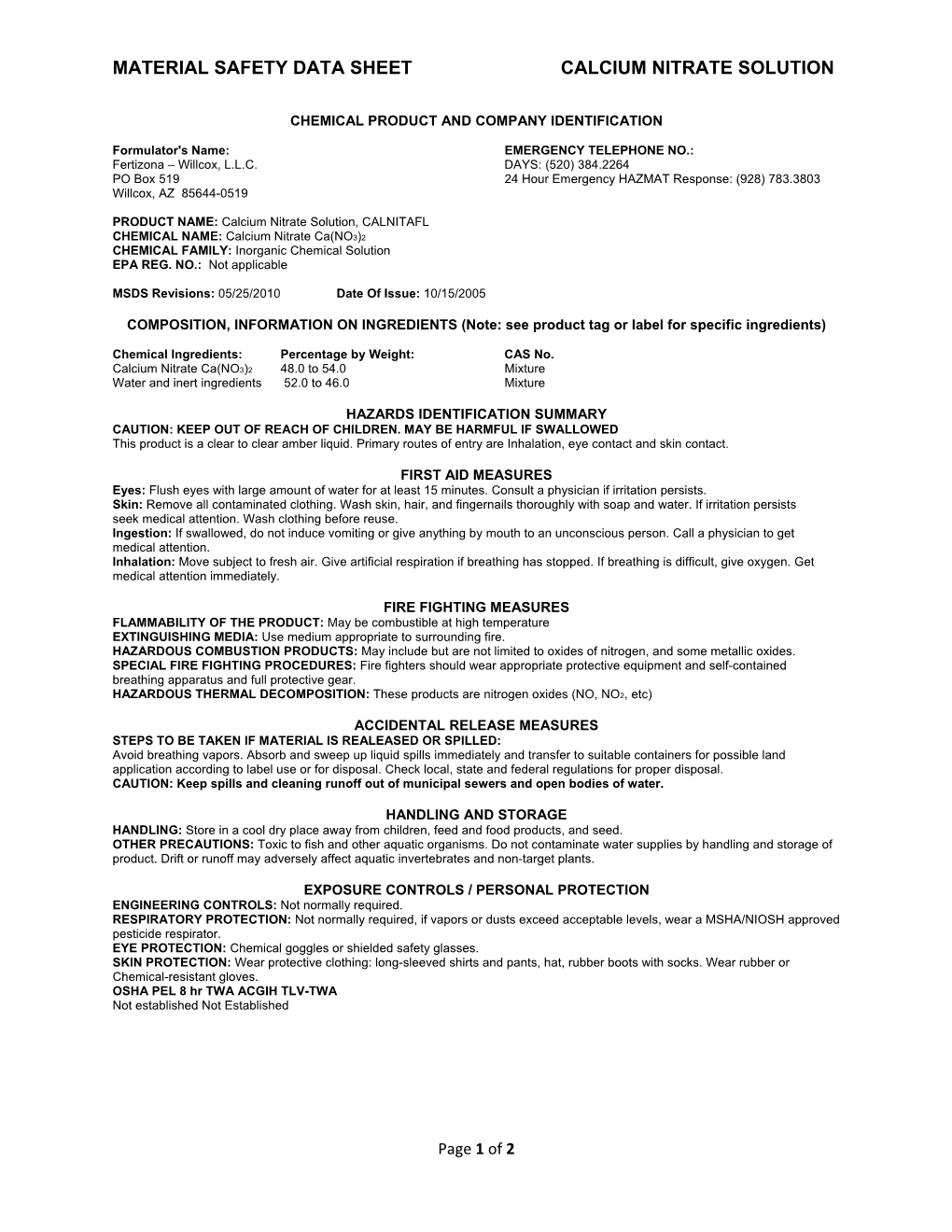 Material Safety Data Sheet Calcium Nitrate Solution