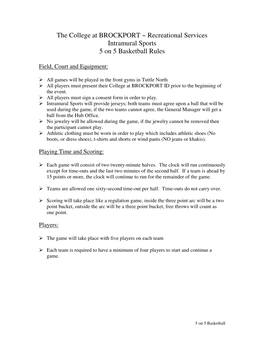 The College at BROCKPORT ~ Recreational Services Intramural Sports 5 on 5 Basketball Rules