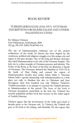 (1516-1917): Ottoman Inscriptions from Jerusalem and Other Palestinian Cities