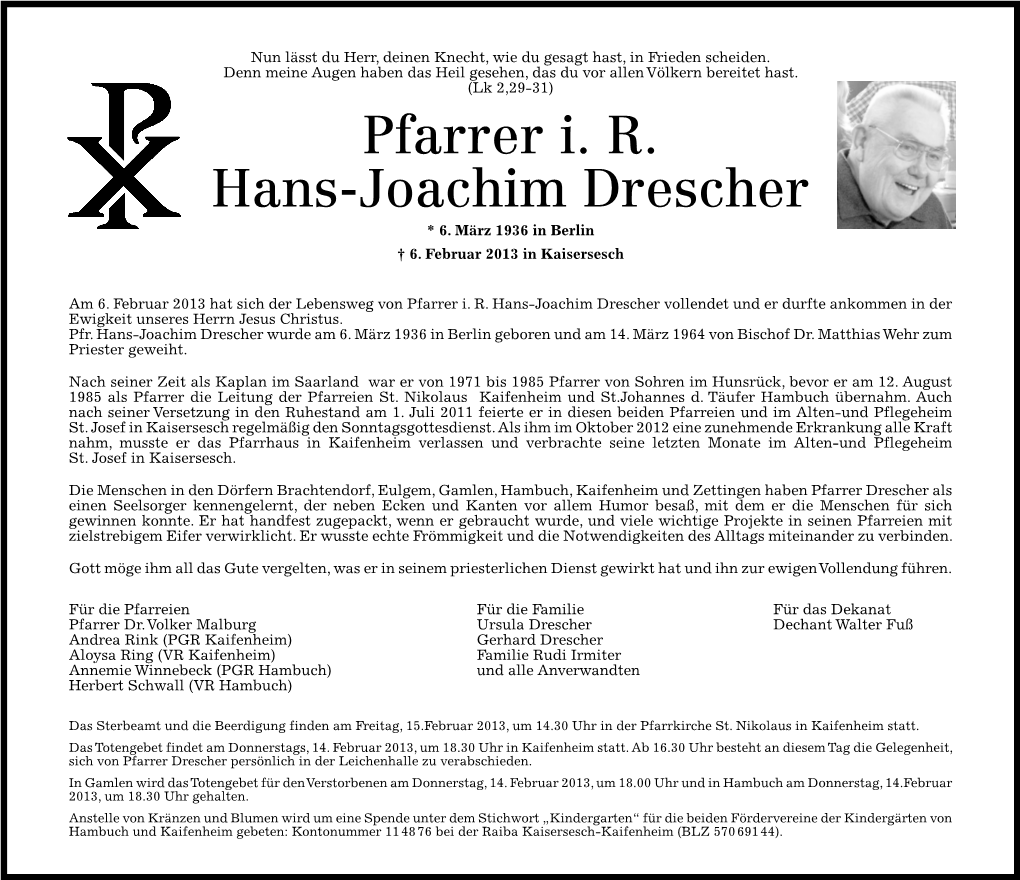 Pfarrer I. R. Hans-Joachim Drescher * 6